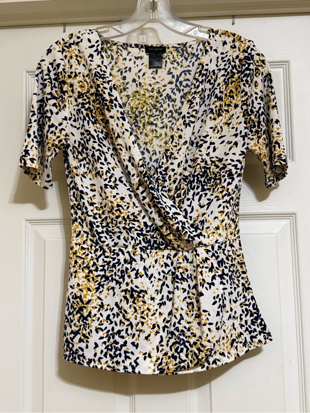 Ann Taylor White, Blue & Gold Printed Wrap-Style Top